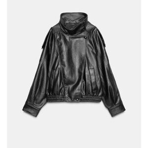 Zara Black Faux Leather High Collar Bomber Jacket